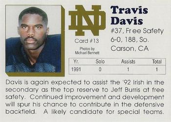 1992 Notre Dame Fighting Irish #13 Travis Davis Back