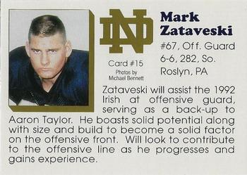 1992 Notre Dame Fighting Irish #15 Mark Zataveski Back
