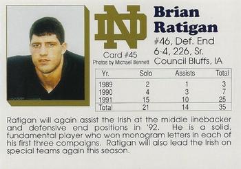 1992 Notre Dame Fighting Irish #45 Brian Ratigan Back