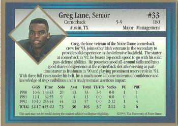 1993 Notre Dame Fighting Irish #NNO Greg Lane Back