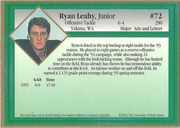 1993 Notre Dame Fighting Irish #NNO Ryan Leahy Back