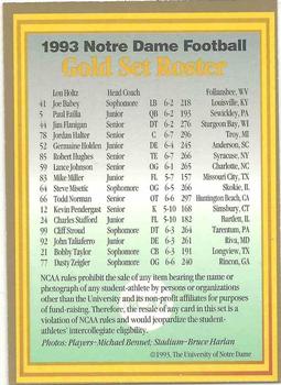 1993 Notre Dame Fighting Irish #NNO Gold Roster Checklist Back