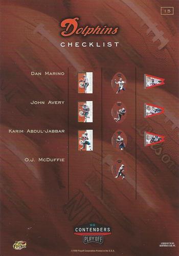 1998 Playoff Contenders - Checklists 3x5 #15 Dan Marino Back