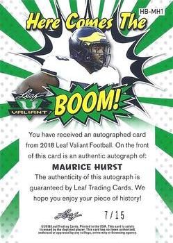 2018 Leaf Valiant - Here Comes the Boom Autographs Purple #HB-MH1 Maurice Hurst Back