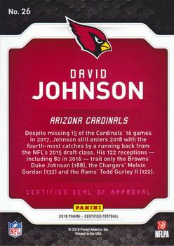 2018 Panini Certified - Certified Seal of Approval #26 David Johnson Back