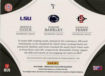 2018 Panini Immaculate Collection Collegiate - Immaculate Trios Autographs Platinum #3 Derrius Guice / Rashaad Penny / Saquon Barkley Back