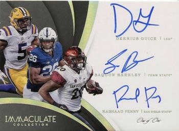 2018 Panini Immaculate Collection Collegiate - Immaculate Trios Autographs Platinum #3 Derrius Guice / Rashaad Penny / Saquon Barkley Front