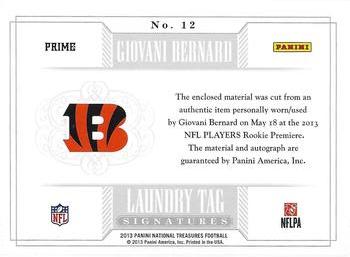 2013 Panini National Treasures - NT Rookie Laundry Tag Signatures NFL Players #12 Giovani Bernard Back