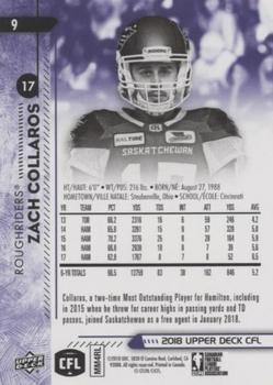 2018 Upper Deck CFL - Purple #9 Zach Collaros Back