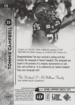 2018 Upper Deck CFL - Autographs #15 Tommie Campbell Back