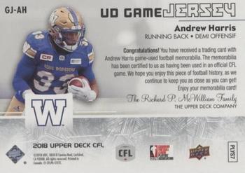 2018 Upper Deck CFL - UD Game Jersey #GJ-AH Andrew Harris Back