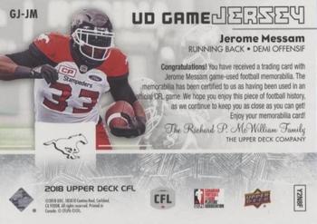 2018 Upper Deck CFL - UD Game Jersey #GJ-JM Jerome Messam Back