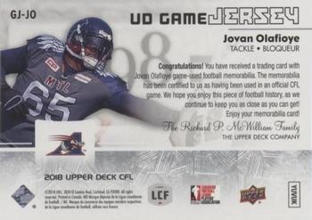 2018 Upper Deck CFL - UD Game Jersey #GJ-JO Jovan Olafioye Back