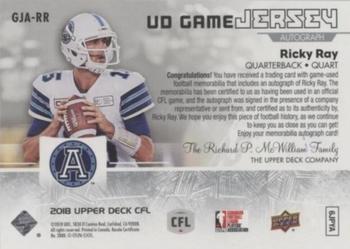 2018 Upper Deck CFL - UD Game Jersey Autograph #GJA-RR Ricky Ray Back