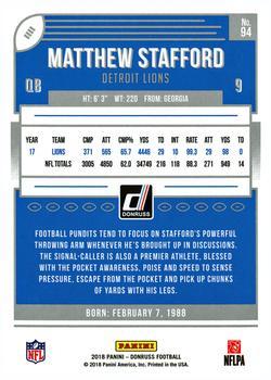 2018 Donruss - Jersey Number #94 Matthew Stafford Back