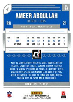 2018 Donruss - Jersey Number #98 Ameer Abdullah Back