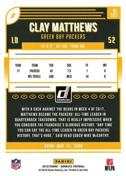 2018 Donruss - Jersey Number #107 Clay Matthews Back