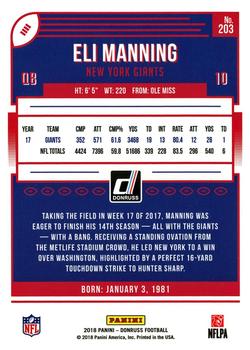 2018 Donruss - Jersey Number #203 Eli Manning Back