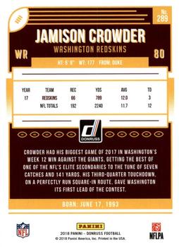 2018 Donruss - Jersey Number #289 Jamison Crowder Back