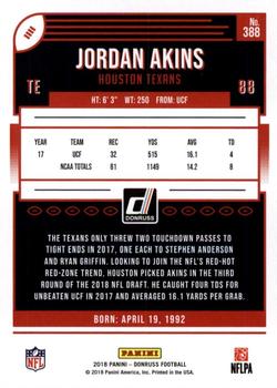 2018 Donruss - Jersey Number #388 Jordan Akins Back