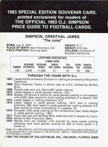 1983 Official O.J. Simpson Price Guide to Football Cards #NNO O.J. Simpson Back