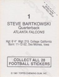 1981 Topps Red Border Stickers #1 Steve Bartkowski Back