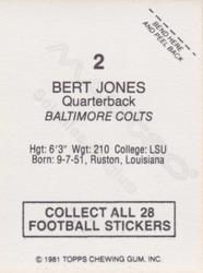 1981 Topps Red Border Stickers #2 Bert Jones Back