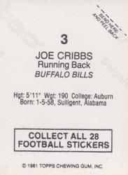 1981 Topps Red Border Stickers #3 Joe Cribbs Back