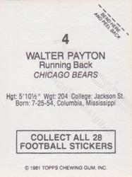 1981 Topps Red Border Stickers #4 Walter Payton Back