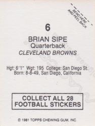 1981 Topps Red Border Stickers #6 Brian Sipe Back
