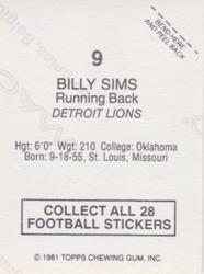 1981 Topps Red Border Stickers #9 Billy Sims Back