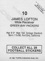 1981 Topps Red Border Stickers #10 James Lofton Back