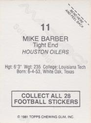 1981 Topps Red Border Stickers #11 Mike Barber Back