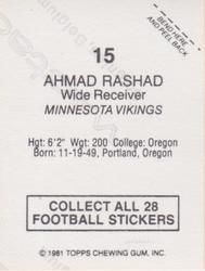 1981 Topps Red Border Stickers #15 Ahmad Rashad Back
