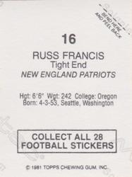 1981 Topps Red Border Stickers #16 Russ Francis Back