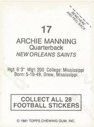 1981 Topps Red Border Stickers #17 Archie Manning Back
