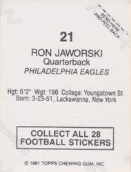 1981 Topps Red Border Stickers #21 Ron Jaworski Back