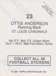 1981 Topps Red Border Stickers #23 Ottis Anderson Back