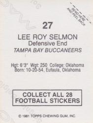1981 Topps Red Border Stickers #27 Lee Roy Selmon Back