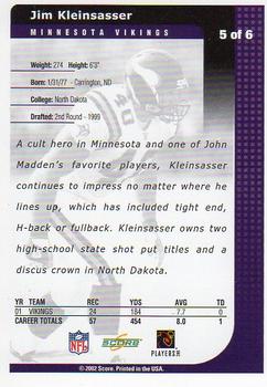 2002 Score Minnesota Vikings Stadium Giveaway #5 Jim Kleinsasser Back