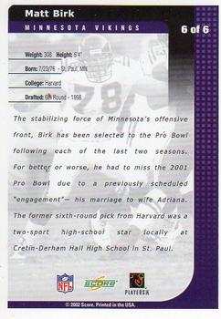 2002 Score Minnesota Vikings Stadium Giveaway #6 Matt Birk Back