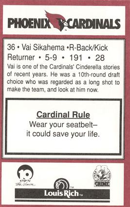 1990 Phoenix Cardinals Police #NNO Vai Sikahema Back