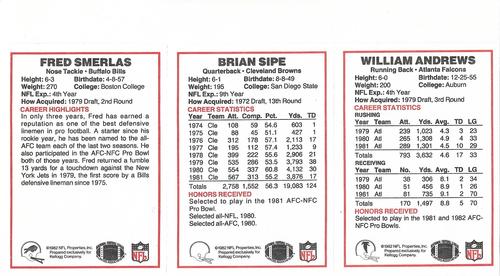 1982 Kellogg's - Panels #NNO William Andrews / Brian Sipe / Fred Smerlas Back