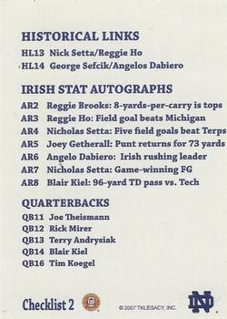 2003-09 TK Legacy Notre Dame Fighting Irish #CL2 Brady Quinn Back