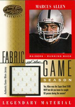 2001 Leaf Certified Materials - Fabric of the Game Gold #FG-28 Marcus Allen Front