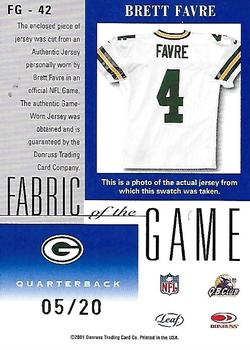 2001 Leaf Certified Materials - Fabric of the Game Gold #FG-42 Brett Favre Back