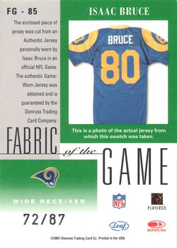 2001 Leaf Certified Materials - Fabric of the Game Gold #FG-85 Isaac Bruce Back