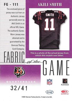 2001 Leaf Certified Materials - Fabric of the Game Gold #FG-111 Akili Smith Back