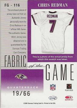 2001 Leaf Certified Materials - Fabric of the Game Gold #FG-116 Chris Redman Back