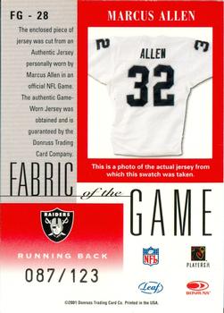 2001 Leaf Certified Materials - Fabric of the Game Silver #FG-28 Marcus Allen Back